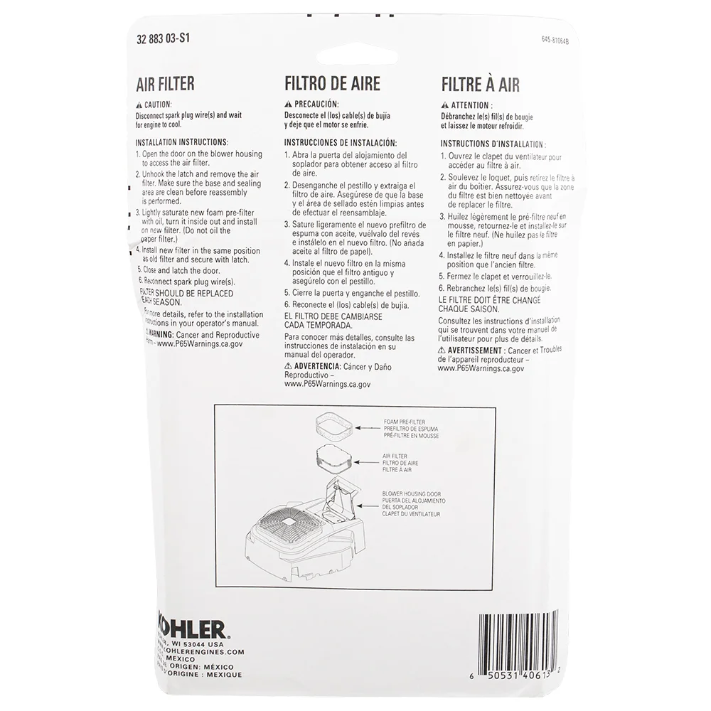 Kohler Engines Air Filter w/ Precleaner Kit Part 32-883-03-S1